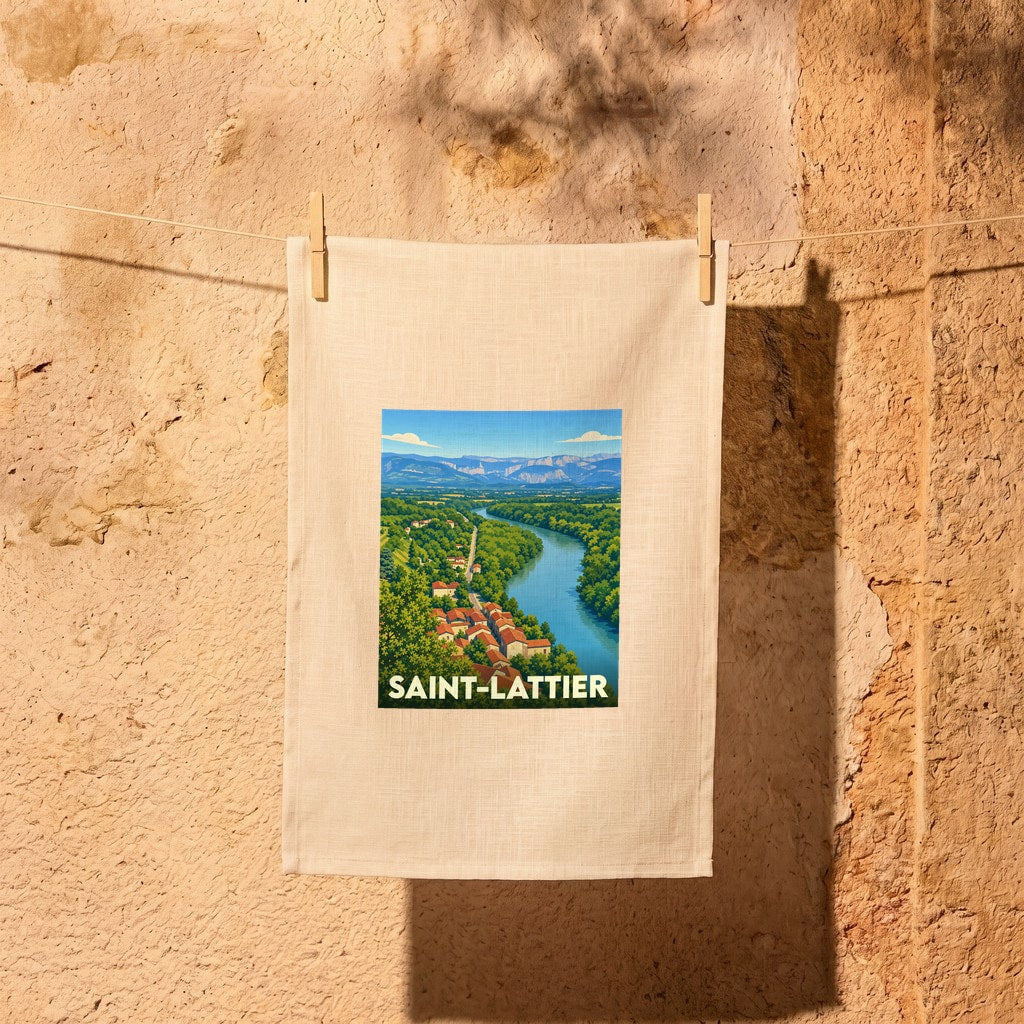 Torchon souvenir de la ville de Saint-Lattier avec une illustration stylisée d'un paysage fluvial.