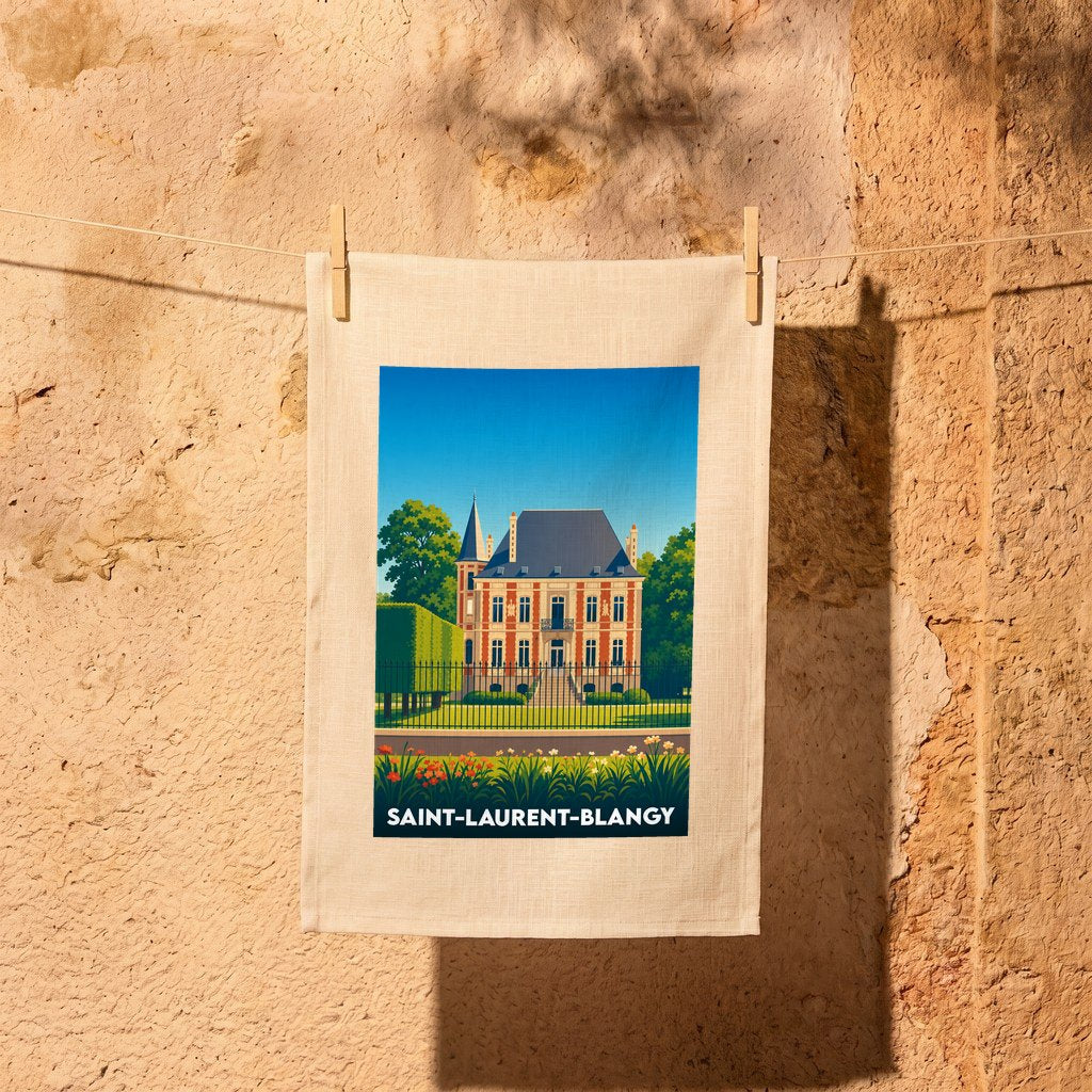 Torchon souvenir de la ville de Saint-Laurent-Blangy avec une illustration stylisée.