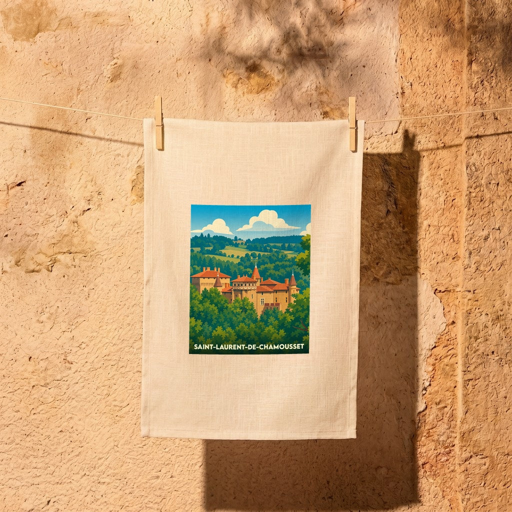Torchon souvenir de la ville de Saint-Laurent-de-Chamousset avec une illustration stylisée de son château.