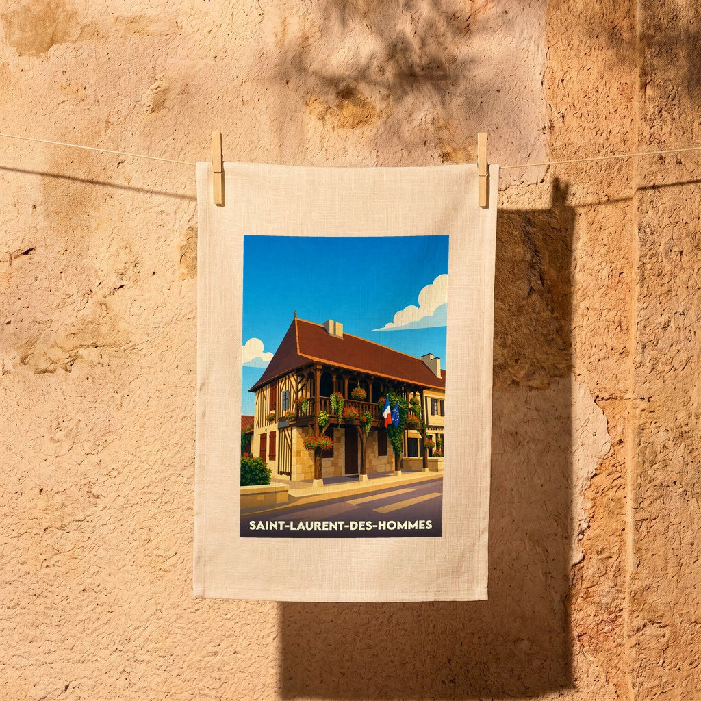 Torchon souvenir de la ville de Saint-Laurent-des-Hommes avec une illustration stylisée.