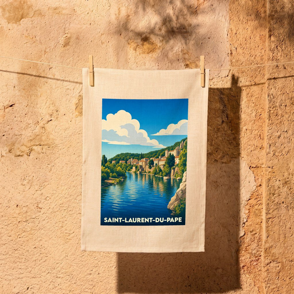 Torchon souvenir de Saint-Laurent-du-Pape avec une illustration stylisée des bords du Rhône.