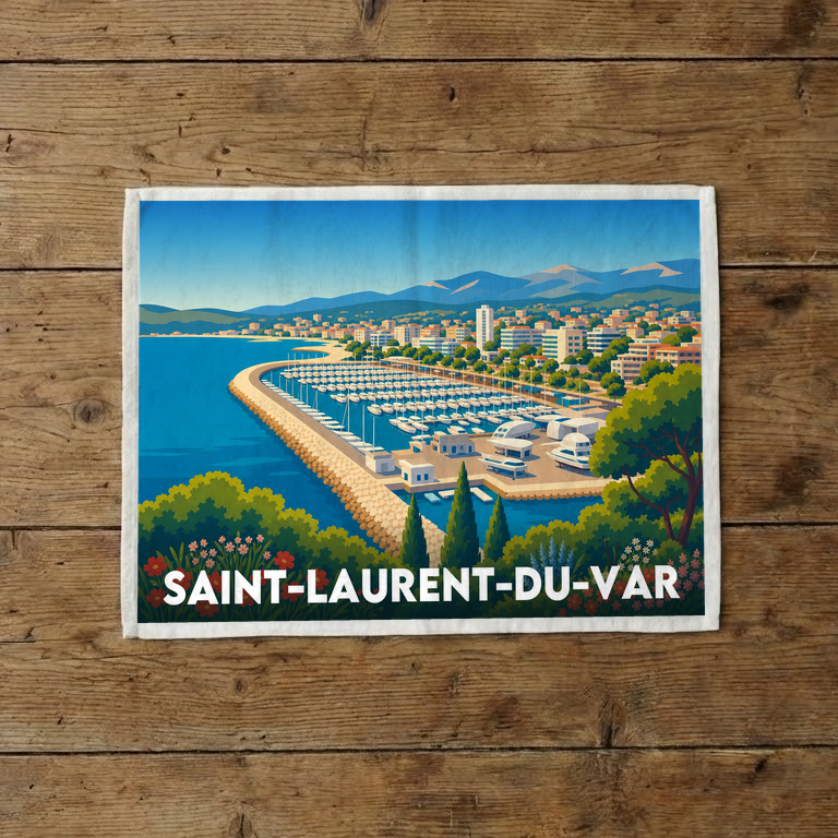 Torchon souvenir de Saint-Laurent-du-Var avec une illustration stylisée de son port de plaisance.