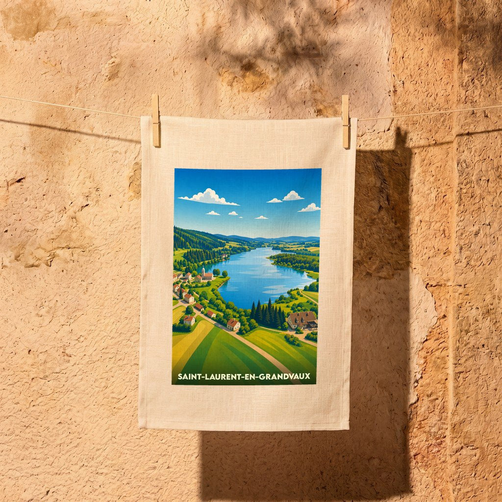 Torchon de cuisine souvenir de Saint-Laurent-en-Grandvaux avec une illustration stylisée de son paysage de lac et de montagnes.