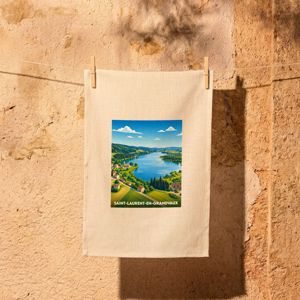 Torchon de cuisine souvenir de Saint-Laurent-en-Grandvaux avec une illustration stylisée de son paysage de lac et de montagnes.