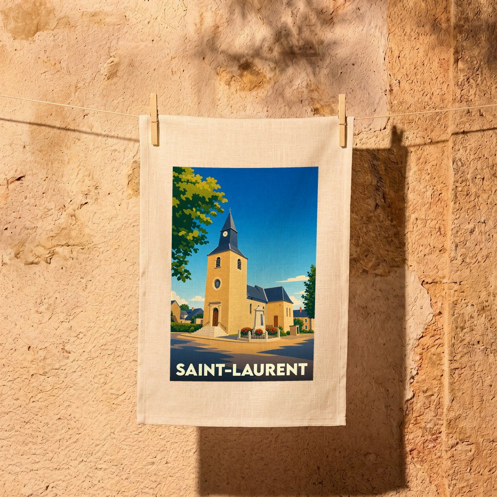 Torchon souvenir de la ville de Saint-Laurent avec une illustration stylisée de son église.