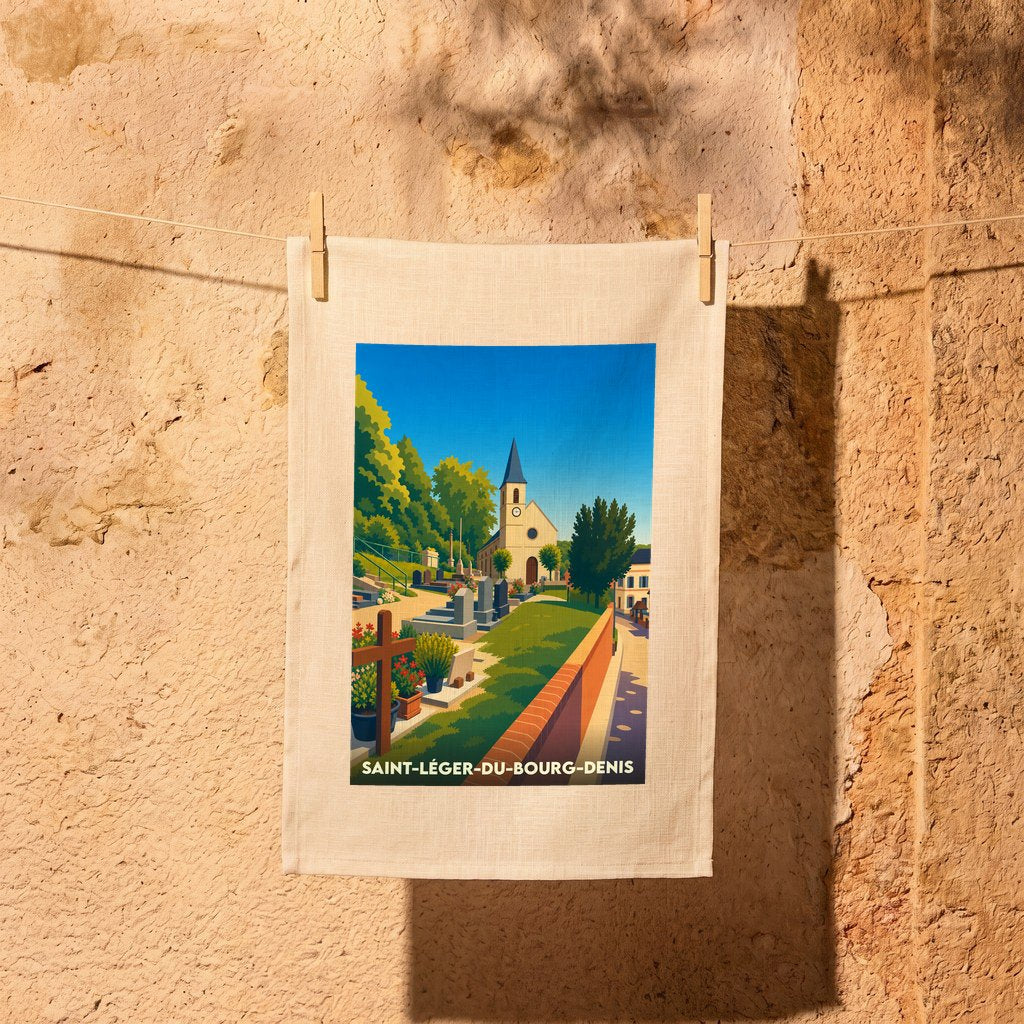 Torchon souvenir de la ville de Saint-Léger-du-Bourg-Denis avec une illustration stylisée de son église et de son cimetière.