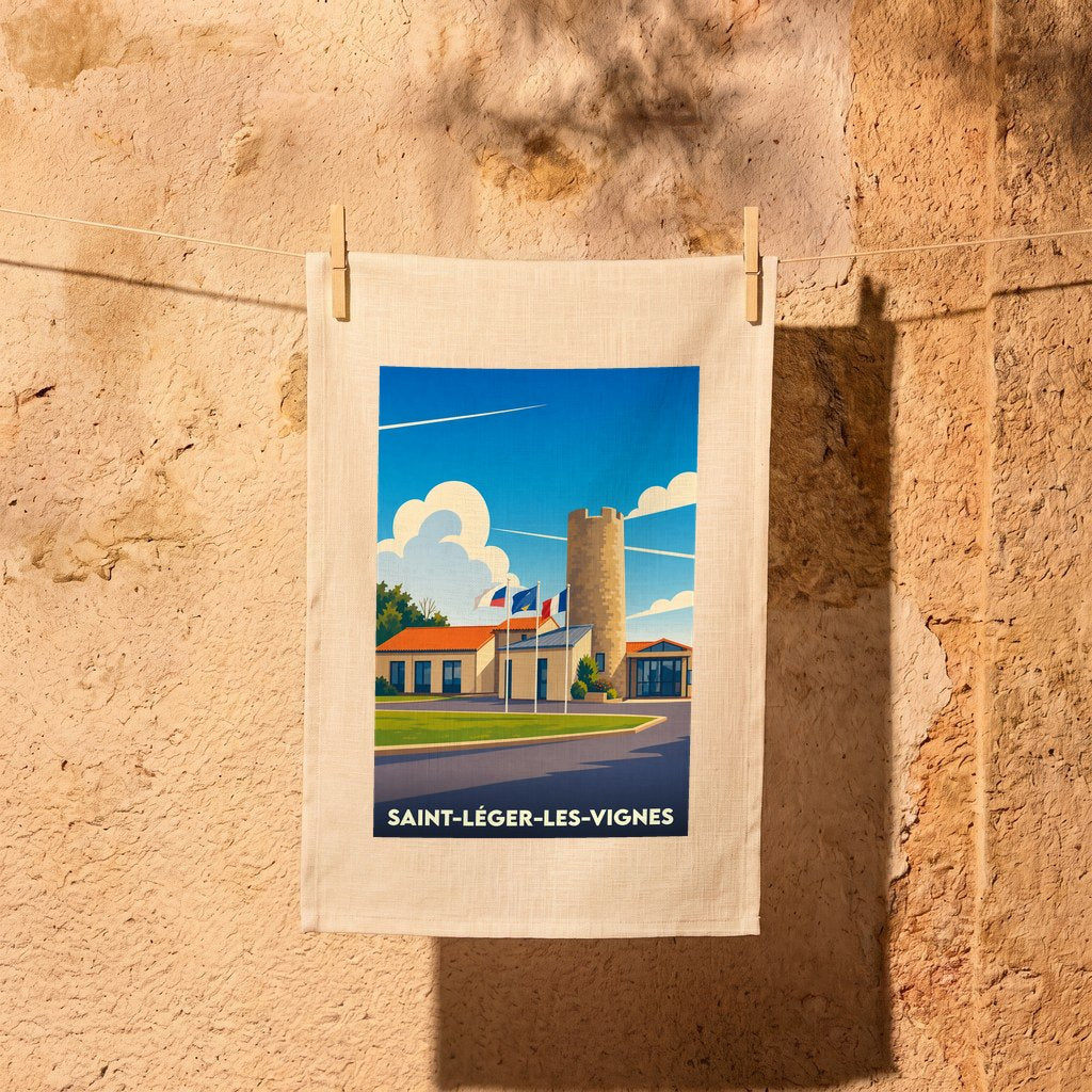 Torchon souvenir de la ville de Saint-Léger-les-Vignes avec une illustration stylisée.