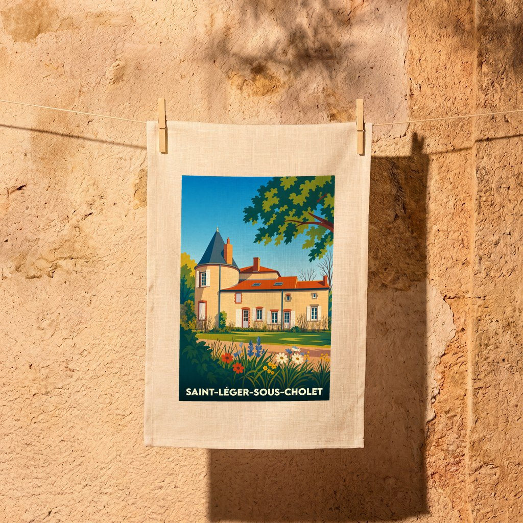 Torchon souvenir de la ville de Saint-Léger-sous-Cholet avec une illustration stylisée d'un manoir fleuri.