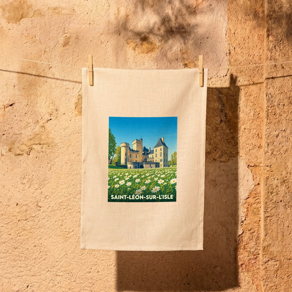Torchon souvenir de la ville de Saint-Léon-sur-l'Isle avec une illustration stylisée d'un château entouré de marguerites.