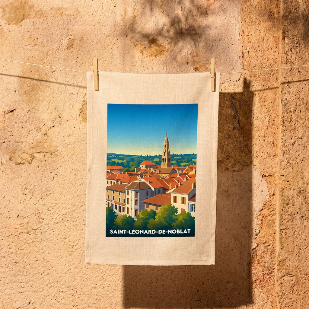 Torchon souvenir de la ville de Saint-Léonard-de-Noblat avec une illustration stylisée d'un paysage urbain historique.
