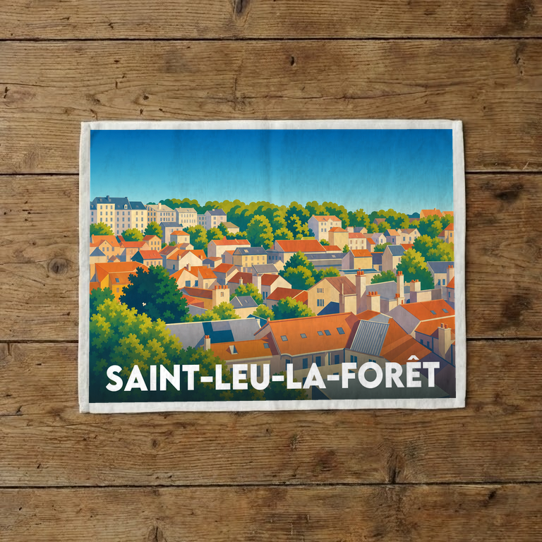 Torchon souvenir de la ville de Saint-Leu-la-Forêt avec une illustration stylisée de ses toits et de sa forêt.