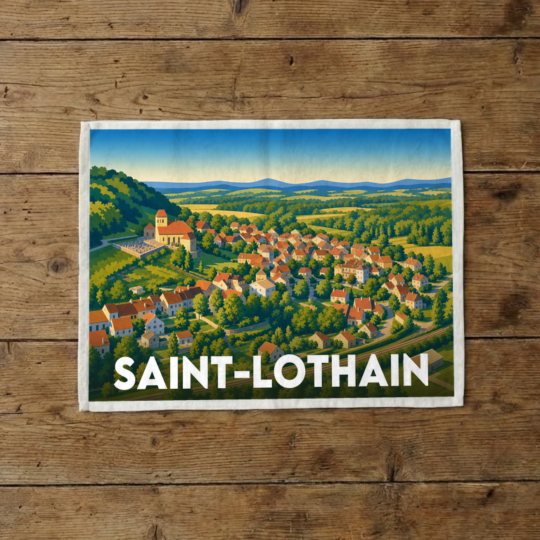 Torchon souvenir de la ville de Saint-Lothain avec une illustration stylisée.