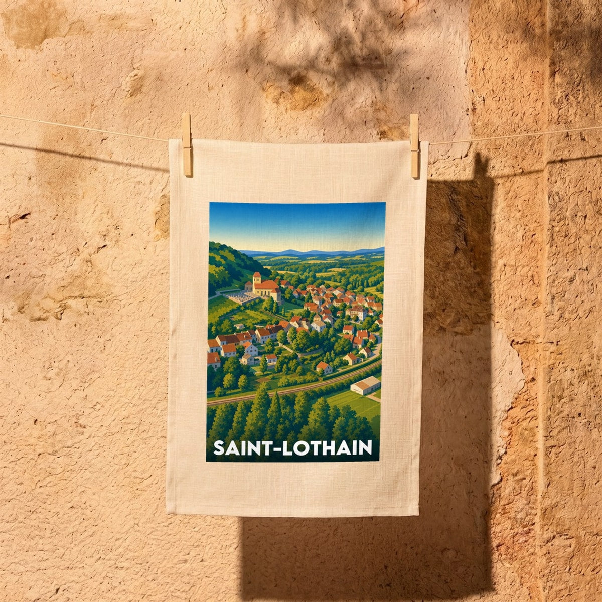 Torchon souvenir de la ville de Saint-Lothain avec une illustration stylisée.