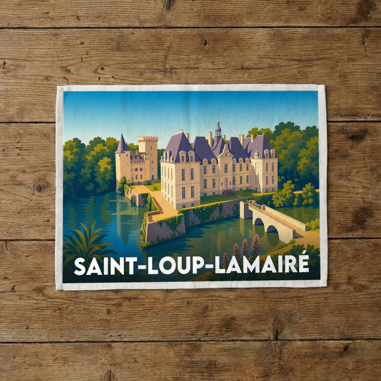 Torchon souvenir de la ville de Saint-Loup-Lamairé avec une illustration stylisée de son château au bord de l'eau.