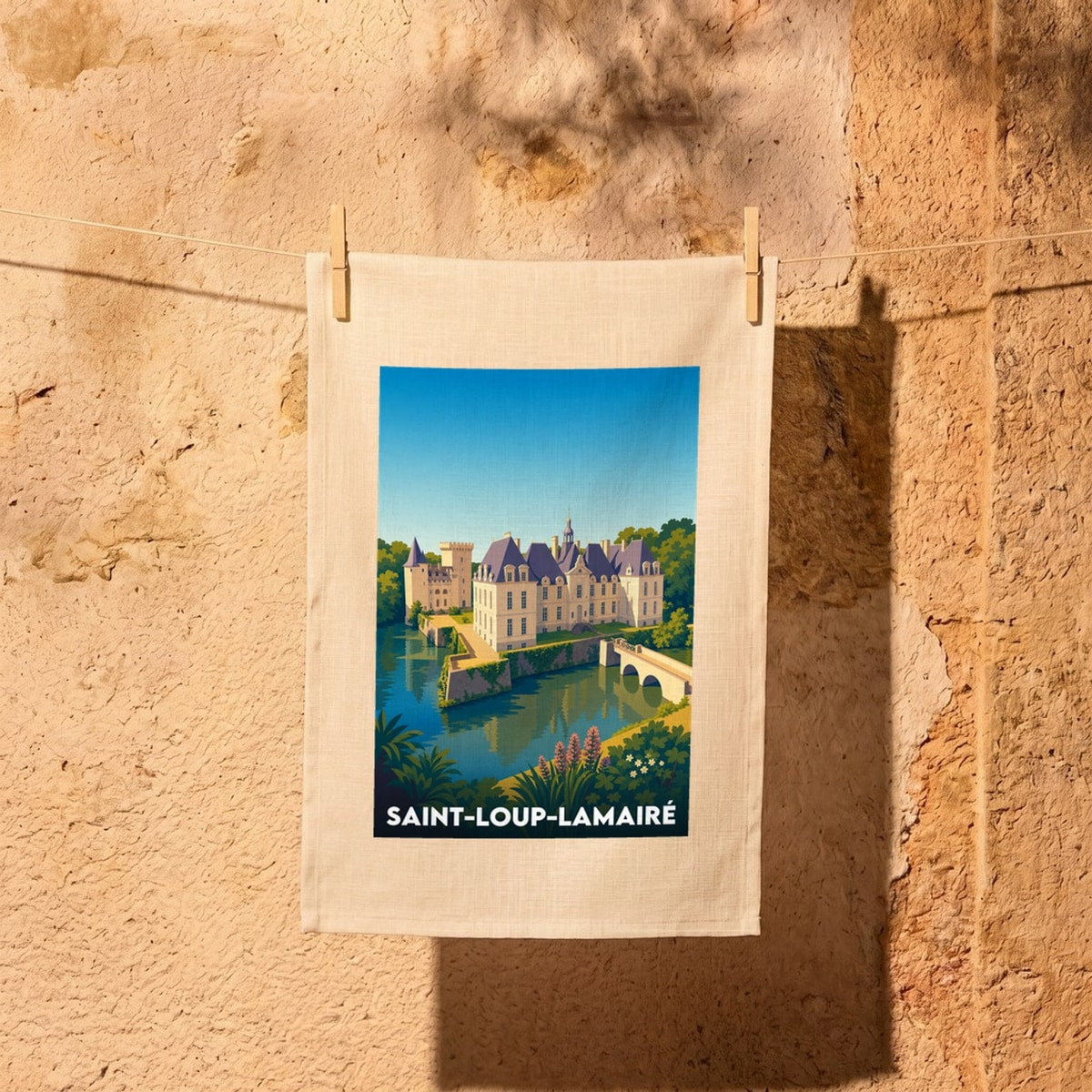 Torchon souvenir de la ville de Saint-Loup-Lamairé avec une illustration stylisée de son château au bord de l'eau.