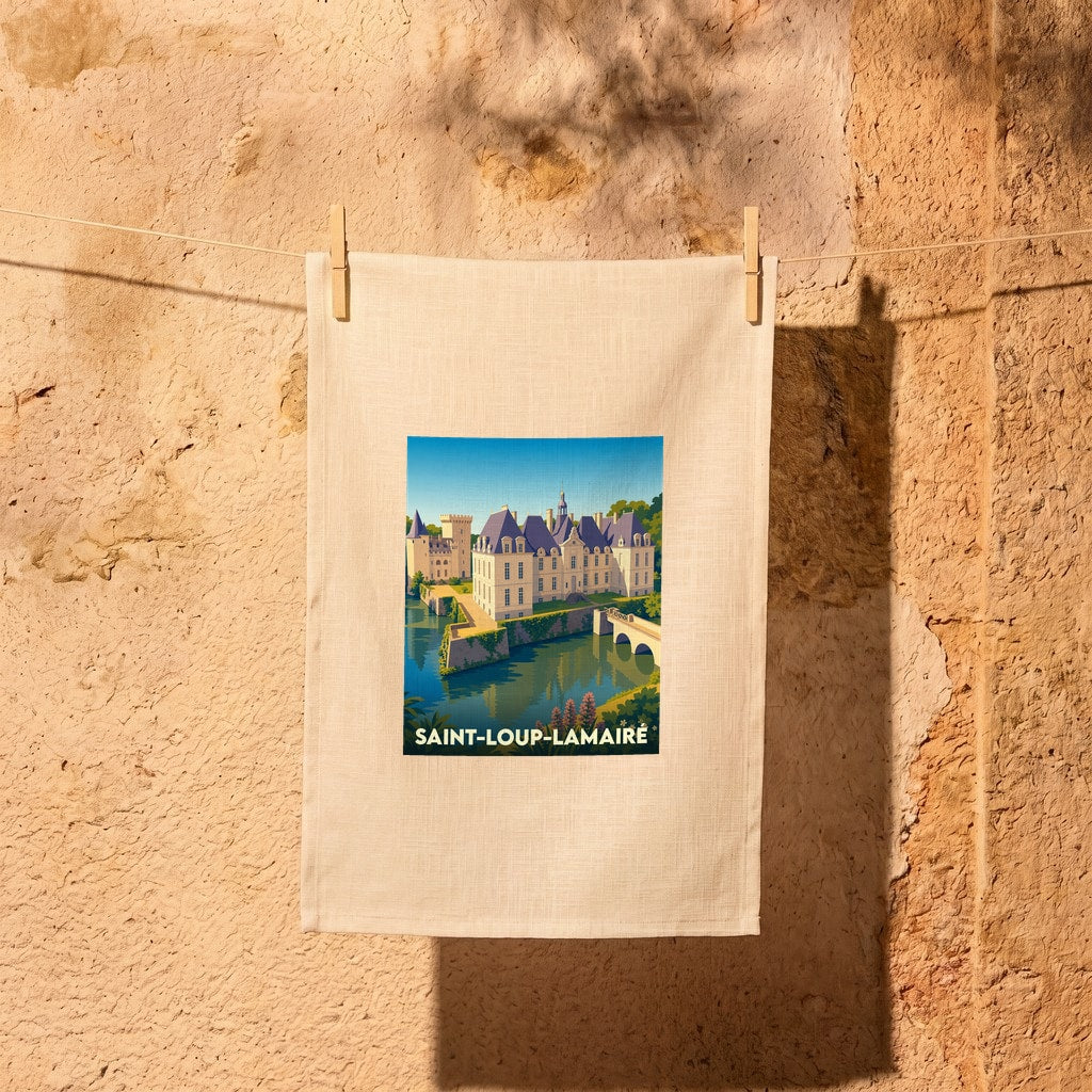 Torchon souvenir de la ville de Saint-Loup-Lamairé avec une illustration stylisée de son château au bord de l'eau.