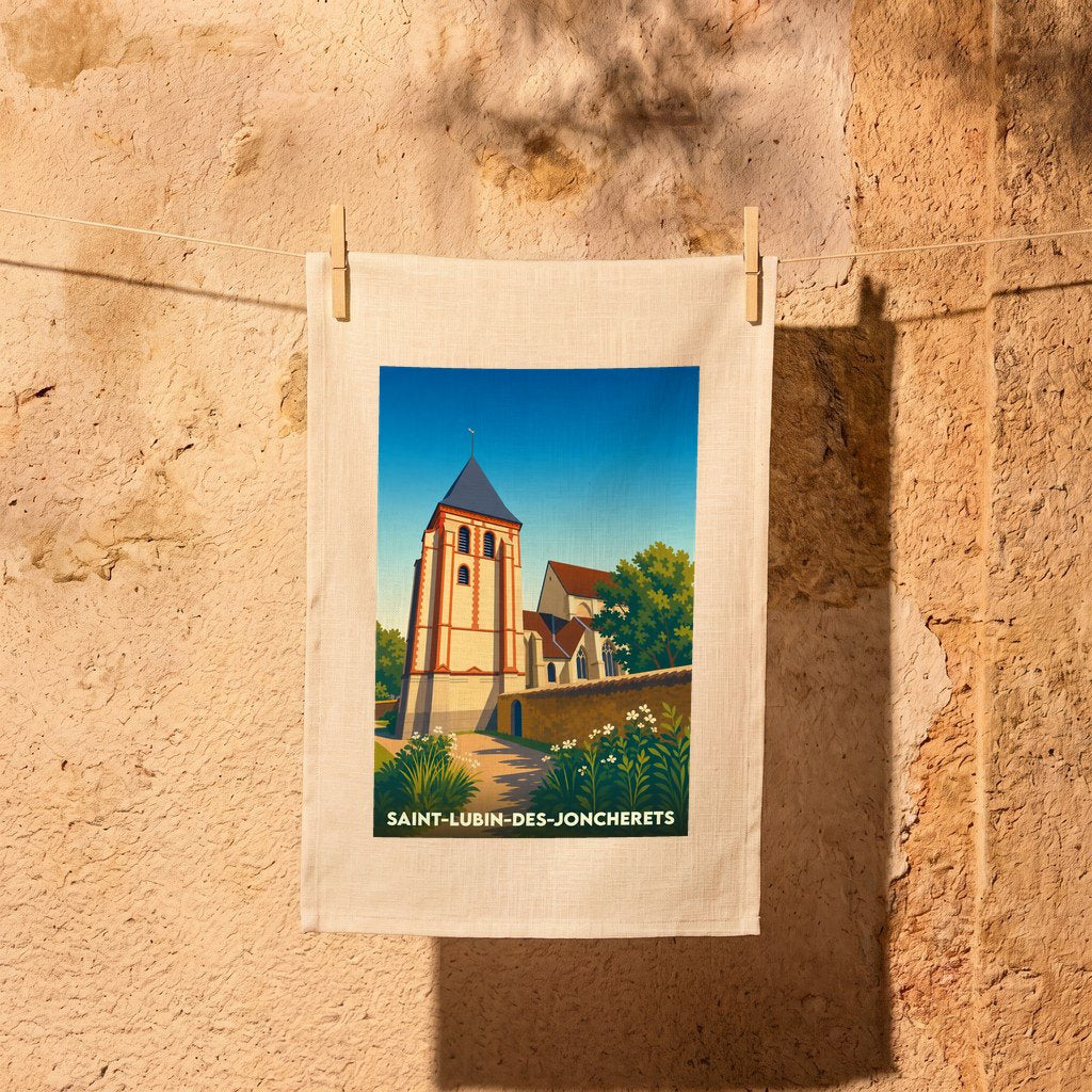 Torchon souvenir de la ville de Saint-Lubin-des-Joncherets avec une illustration stylisée de son église.