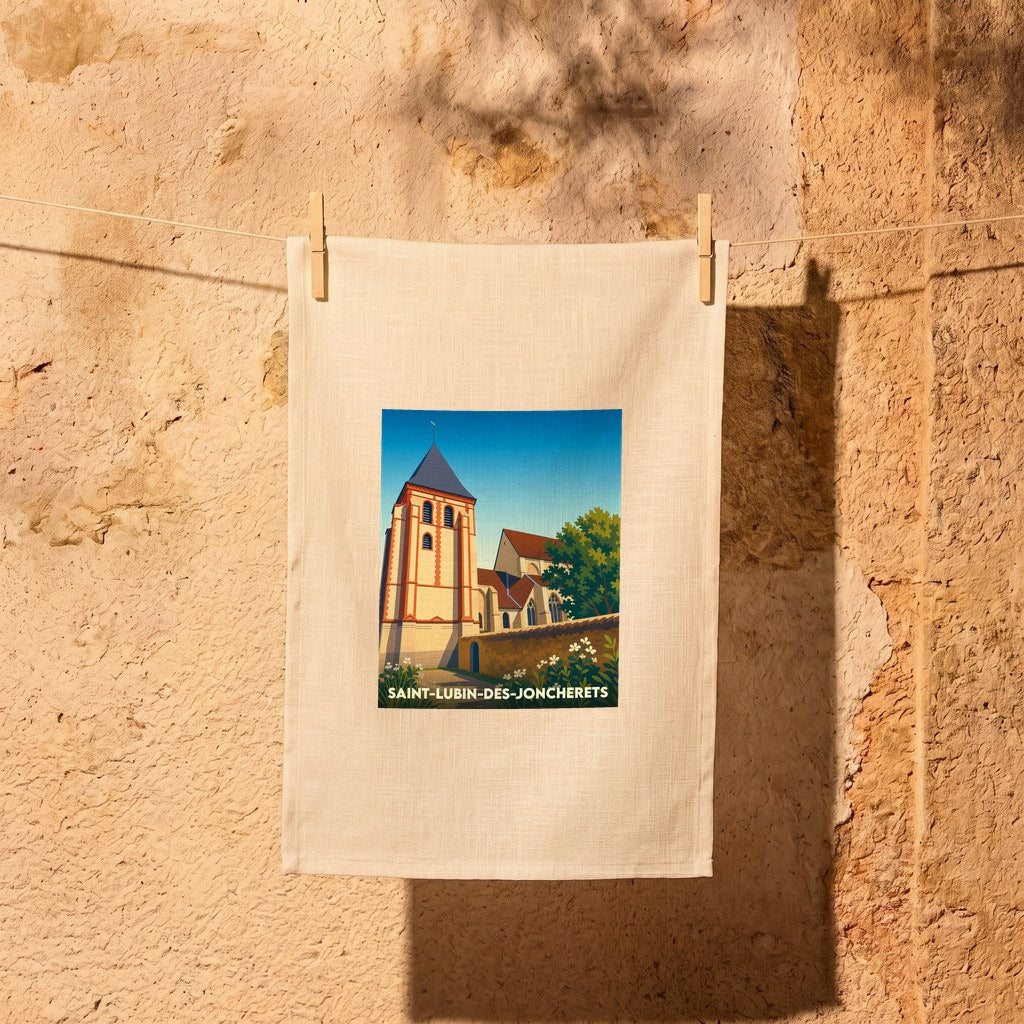 Torchon souvenir de la ville de Saint-Lubin-des-Joncherets avec une illustration stylisée de son église.