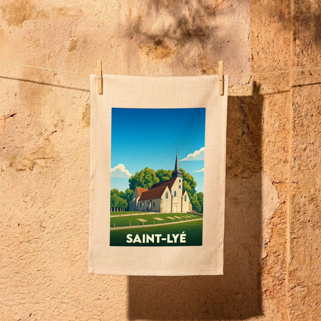 Torchon souvenir de la ville de Saint-Lyé avec une illustration stylisée de son église.