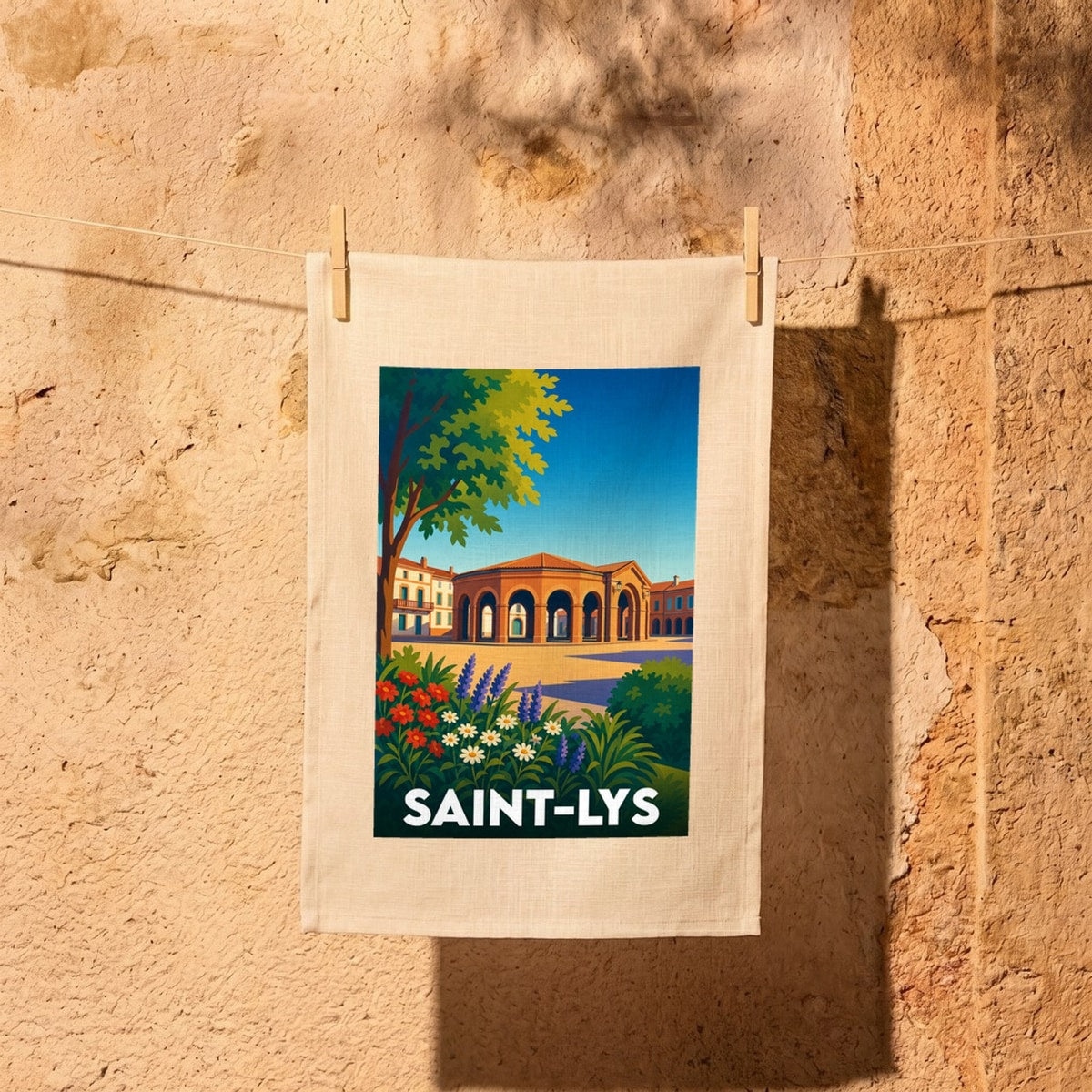 Torchon souvenir de la ville de Saint-Lys orné d'une illustration stylisée de sa halle centrale.