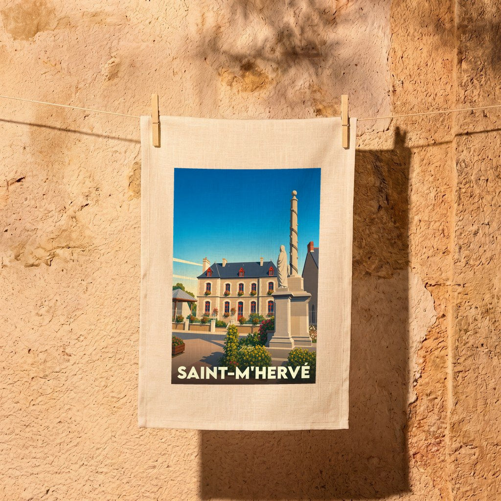 Torchon souvenir de la ville de Saint-M'Hervé avec une illustration stylisée.