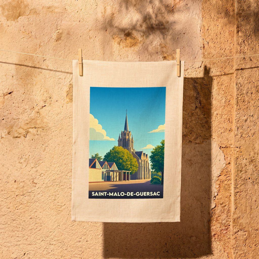 Torchon souvenir de la ville de Saint-Malo-de-Guersac avec une illustration stylisée de son église.