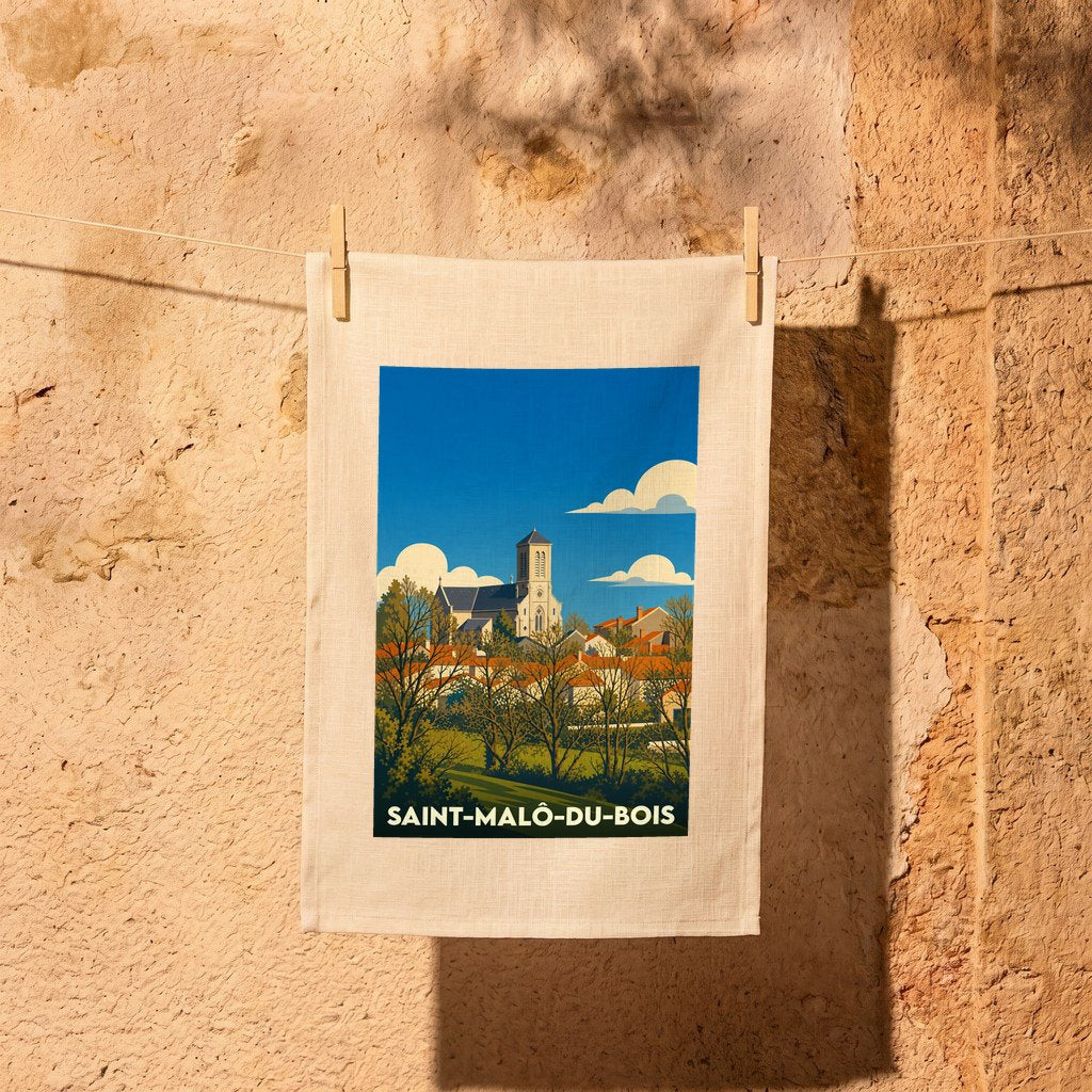 Torchon souvenir de Saint-Malô-du-Bois avec une illustration stylisée du village et de son église.