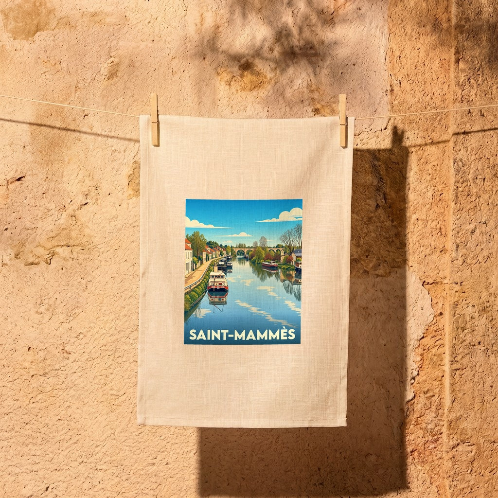 Torchon souvenir de la ville de Saint-Mammès avec une illustration stylisée d'un canal et de ses péniches.