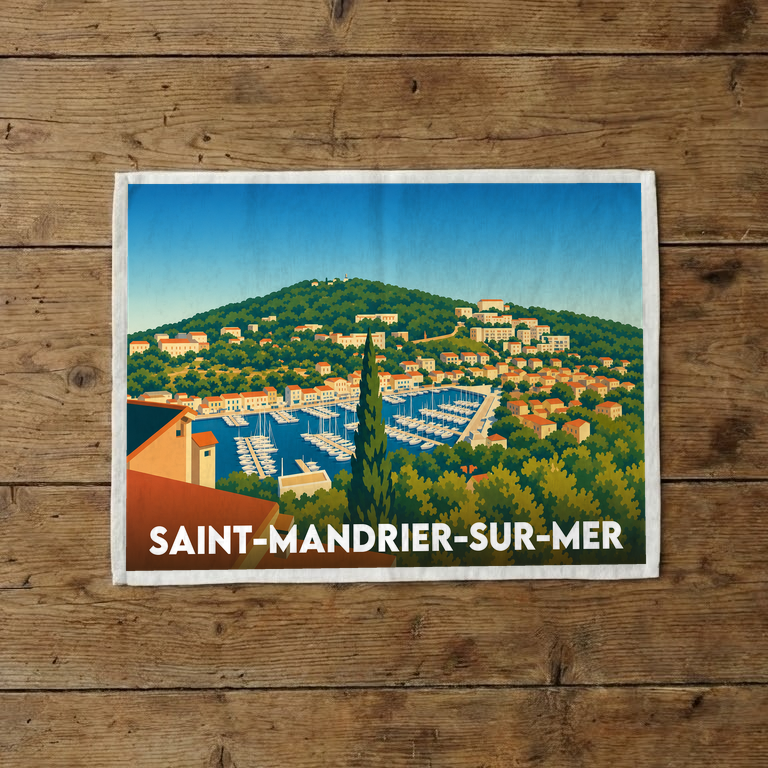 Torchon souvenir de la ville de Saint-Mandrier-sur-Mer avec une illustration stylisée de son port.