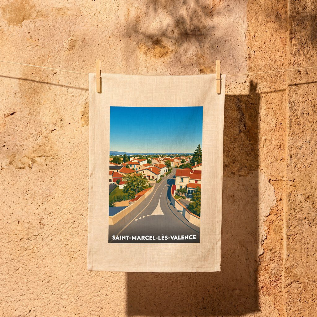 Torchon souvenir de Saint-Marcel-lès-Valence avec une illustration stylisée du village accroché à une corde à linge devant un mur en pierre.
