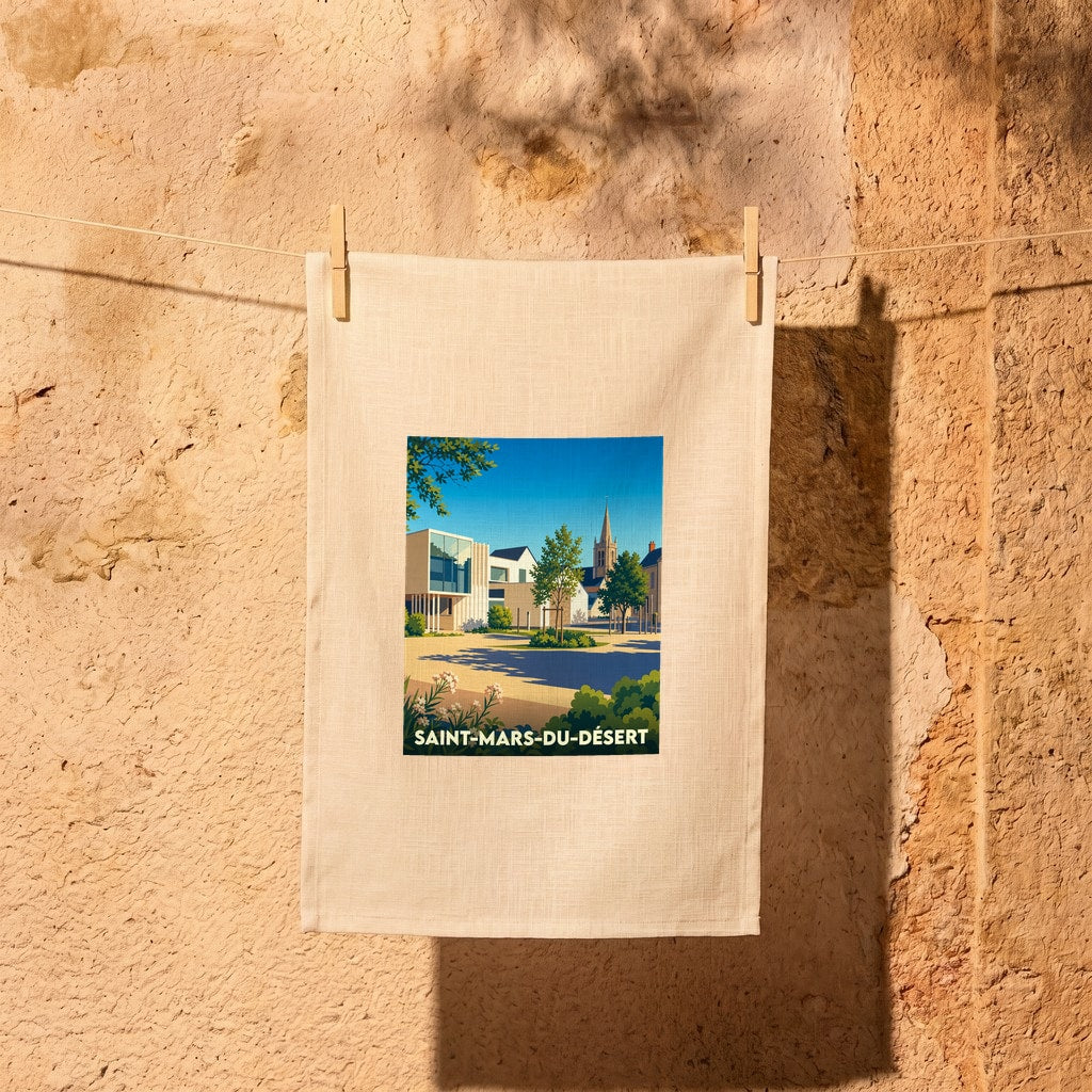 Torchon souvenir de la ville de Saint-Mars-du-Désert avec une illustration stylisée.