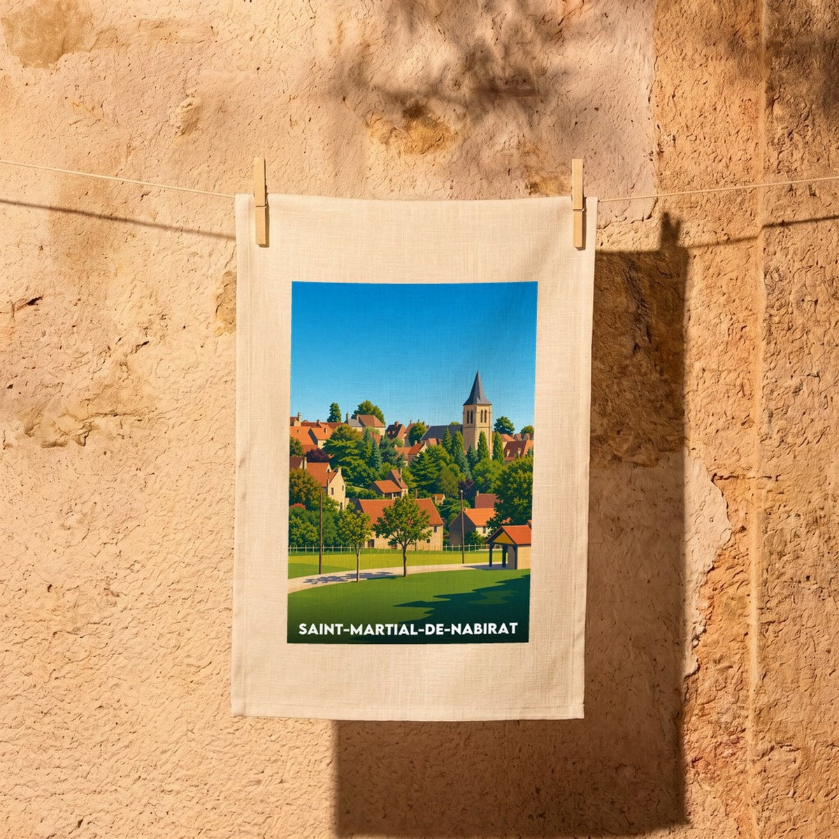 Torchon souvenir de la ville de Saint-Martial-de-Nabirat avec une illustration stylisée du village.