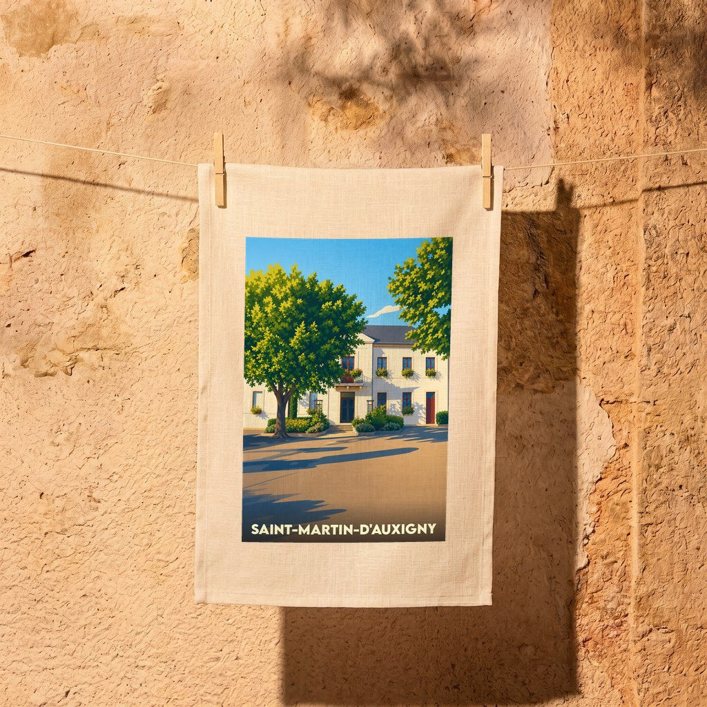 Torchon souvenir de la ville de Saint-Martin-d'Auxigny avec une illustration stylisée d'un bâtiment ensoleillé.