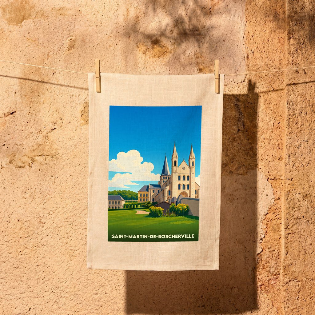 Torchon souvenir de Saint-Martin-de-Boscherville illustrant son abbaye dans un style graphique épuré et coloré.