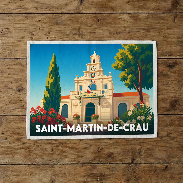 Torchon souvenir de la ville de Saint-Martin-de-Crau avec une illustration stylisée de son hôtel de ville.