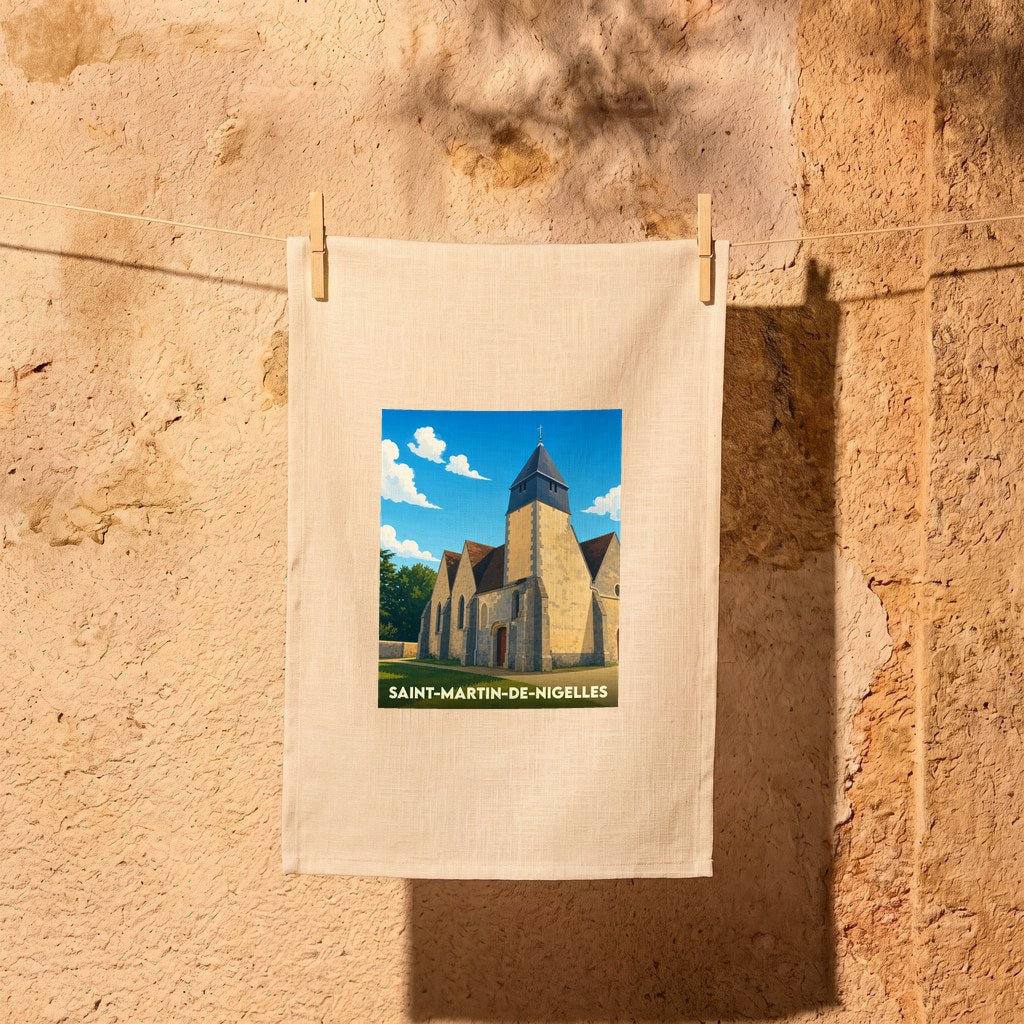 Torchon souvenir de Saint-Martin-de-Nigelles orné d'une illustration stylisée de son église.