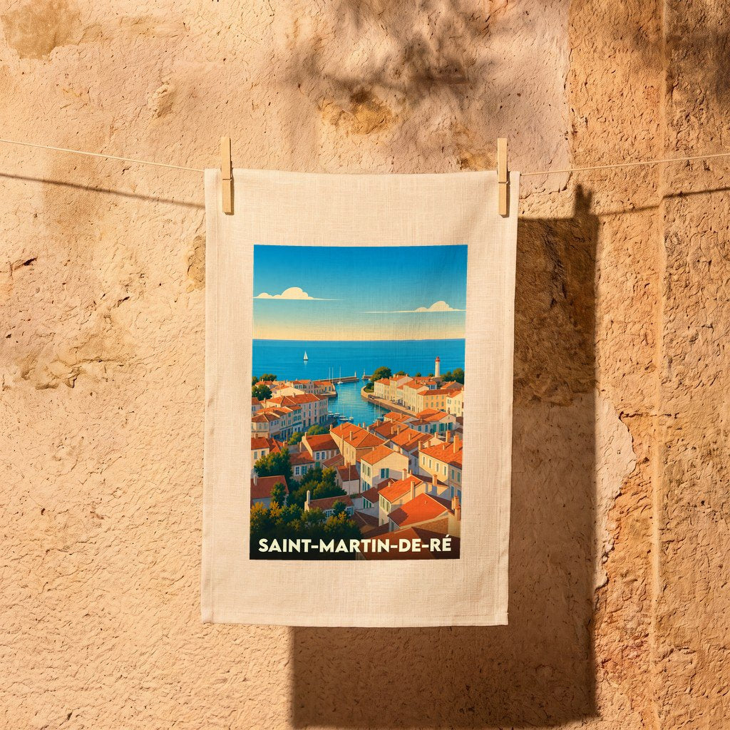 Torchon souvenir de la ville de Saint-Martin-de-Ré avec une illustration stylisée d'un port côtier.