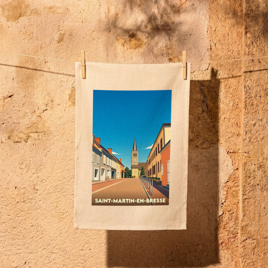 Torchon souvenir de la ville de Saint-Martin-en-Bresse avec une illustration stylisée.
