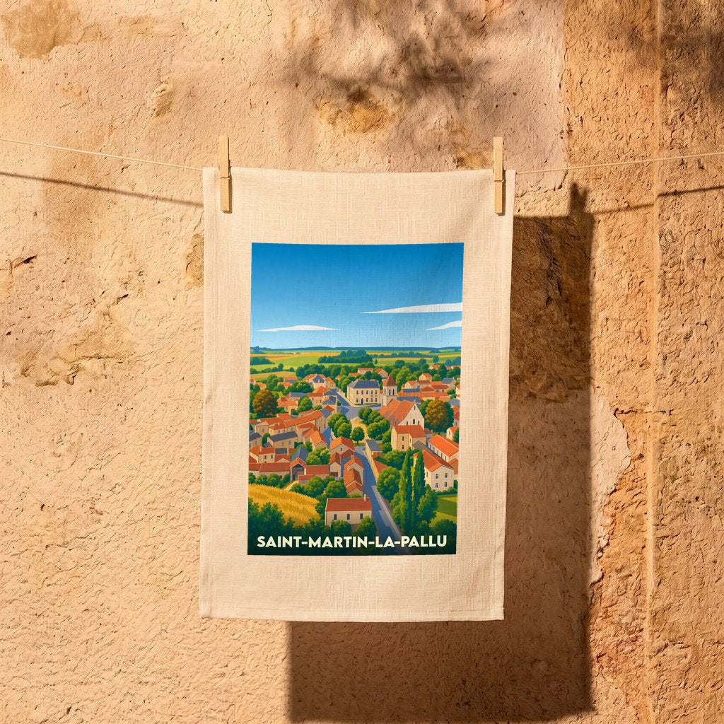 Torchon souvenir de la ville de Saint-Martin-la-Pallu avec une illustration stylisée.