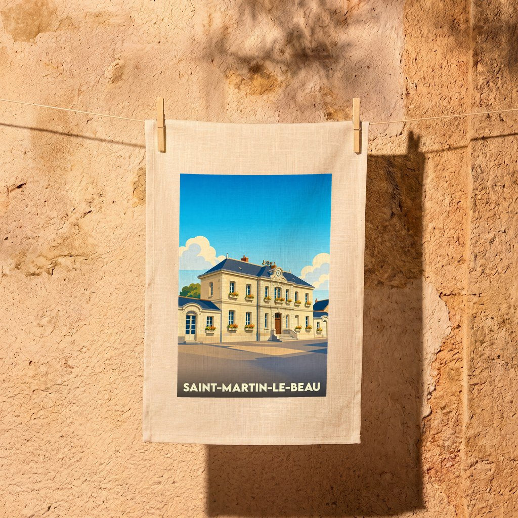 Torchon souvenir de la ville de Saint-Martin-le-Beau avec une illustration stylisée.