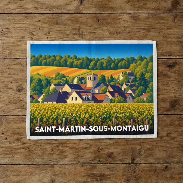 Torchon souvenir de la ville de Saint-Martin-sous-Montaigu avec une illustration stylisée du village et des vignobles.
