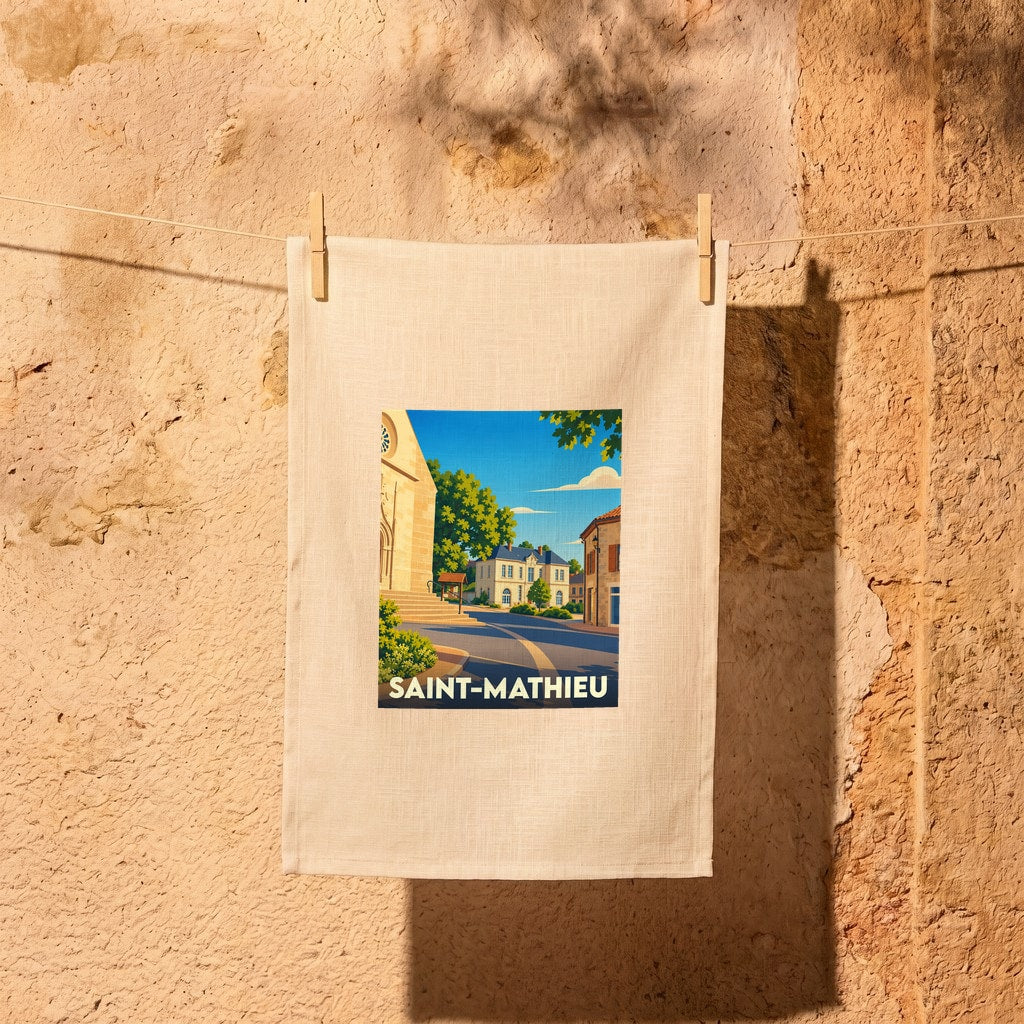 Torchon souvenir de la ville de Saint-Mathieu avec une illustration stylisée.