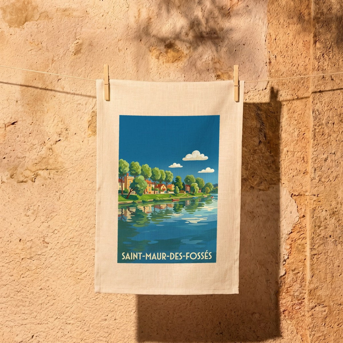 Torchon souvenir de la ville de Saint-Maur-des-Fossés avec une illustration stylisée des bords de Marne.
