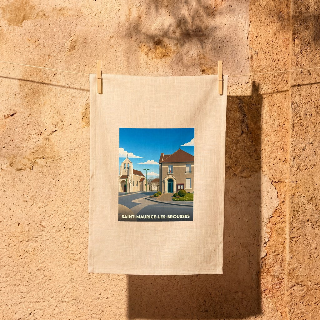 Torchon souvenir de la ville de Saint-Maurice-les-Brousses avec une illustration stylisée de son église et de sa mairie.