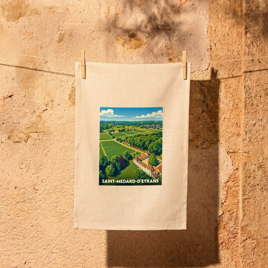 Torchon souvenir de la ville de Saint-Médard-d'Eyrans avec une illustration stylisée de son paysage et de son château.