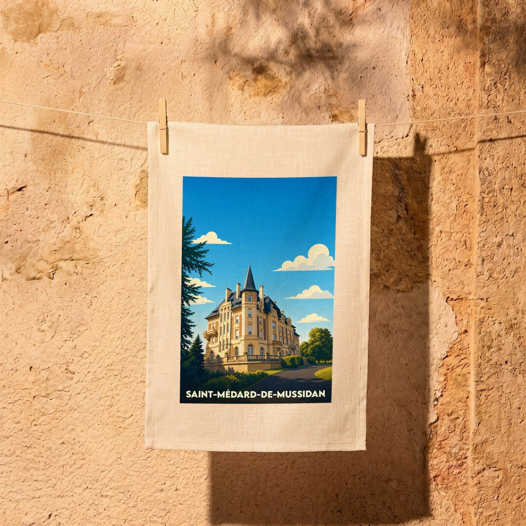 Torchon souvenir de la ville de Saint-Médard-de-Mussidan avec une illustration stylisée de son château.