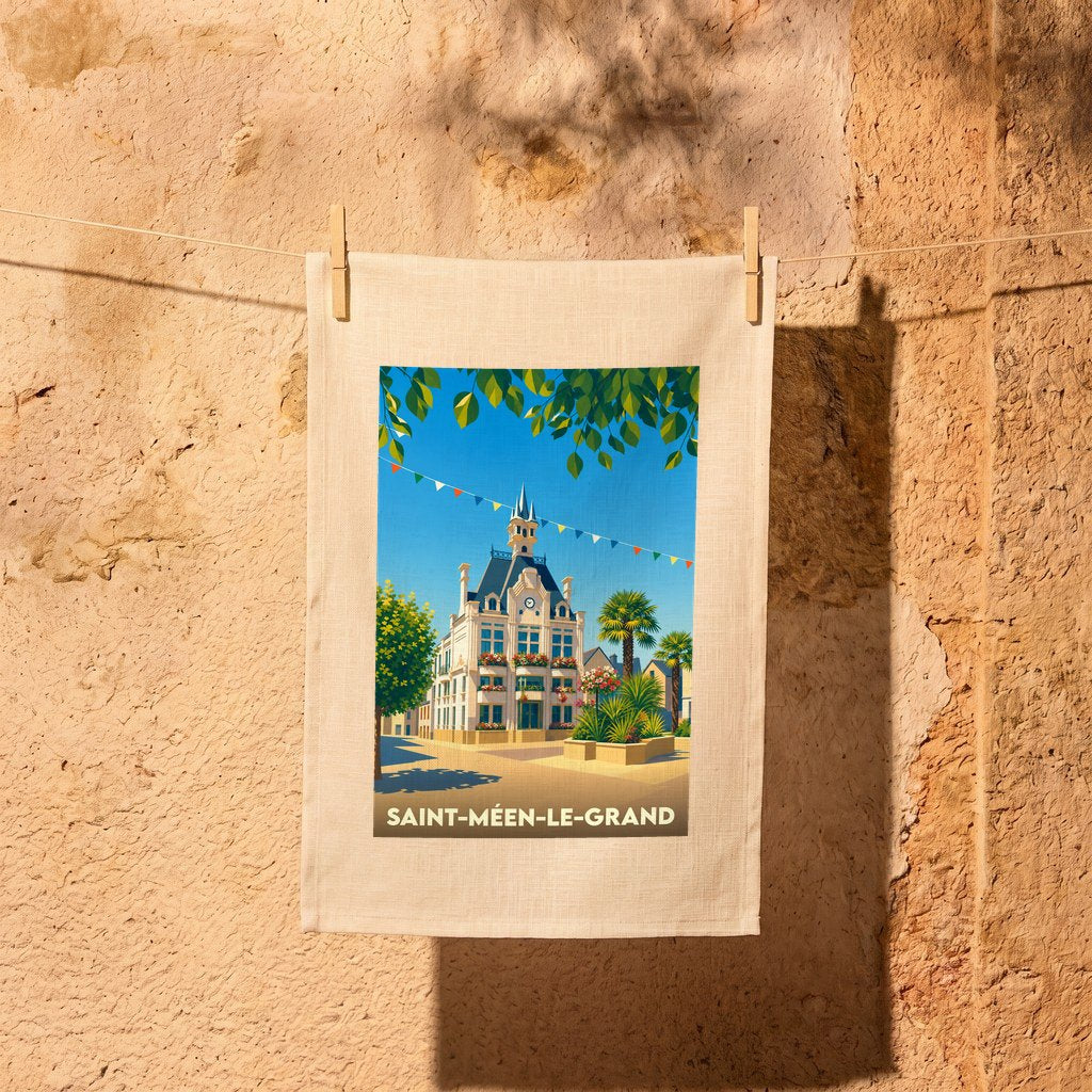Torchon souvenir de la ville de Saint-Méen-le-Grand avec une illustration stylisée de son hôtel de ville.