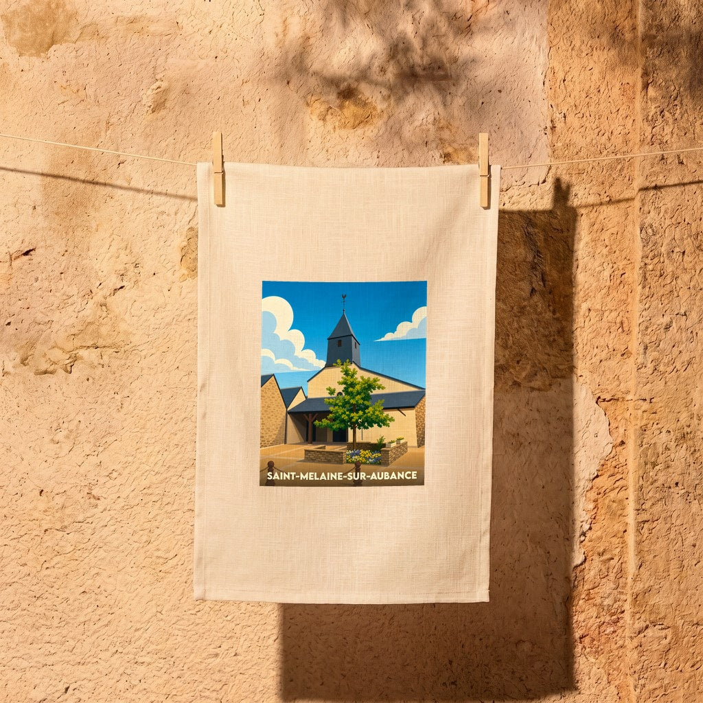 Torchon souvenir de la ville de Saint-Melaine-sur-Aubance illustrant son église avec un style graphique épuré.