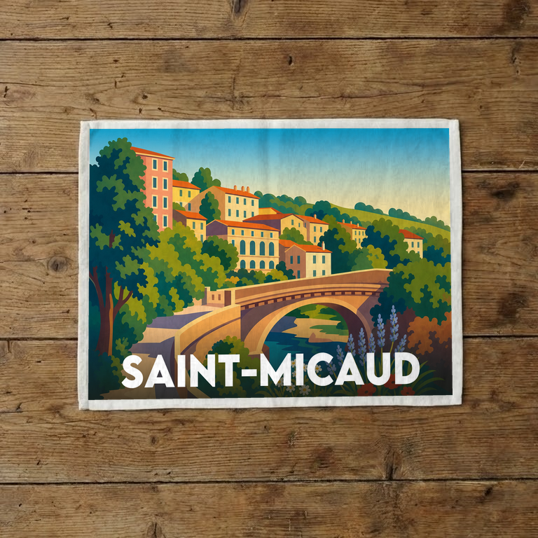Torchon souvenir de la ville de Saint-Micaud avec une illustration stylisée de son paysage.