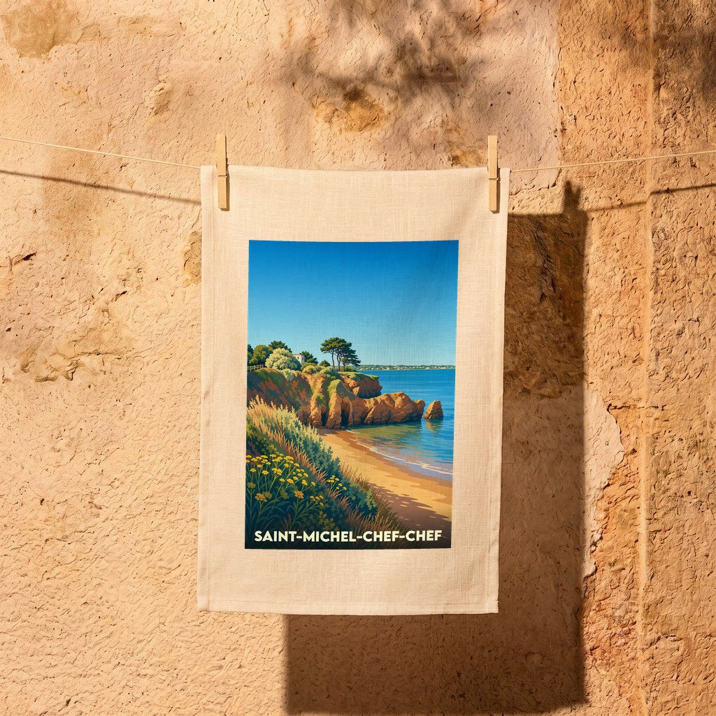 Torchon souvenir de la ville de Saint-Michel-Chef-Chef avec une illustration stylisée du littoral.